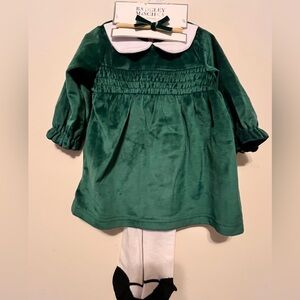 Badgley Mischka Green Velvet Holiday Kids Dress w/ Tights & Head bow 6-9 mos NWT